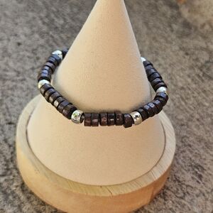 Brown Beaded Bracelet with Silver Accents Stretchy Boho Fall Jewelry